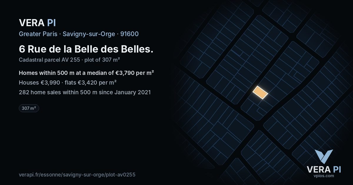 6 Rue de la Belle des Belles, Savigny-sur-Orge at night – the plot lit, the parcels around coloured by the prices near them