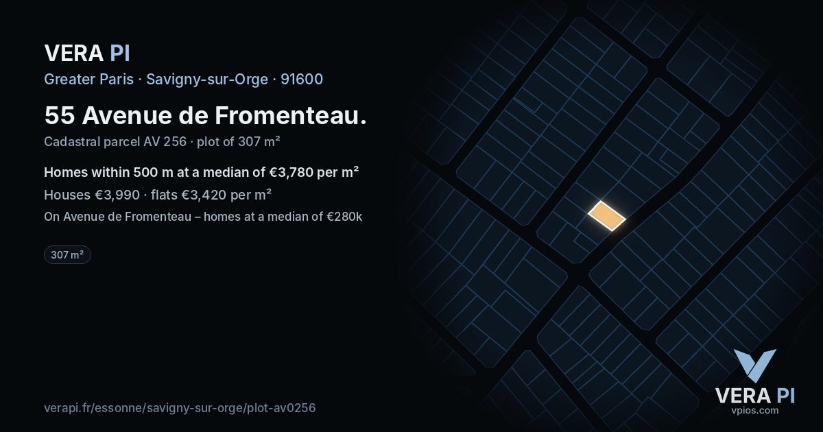 55 Avenue de Fromenteau, Savigny-sur-Orge at night – the plot lit, the parcels around coloured by the prices near them