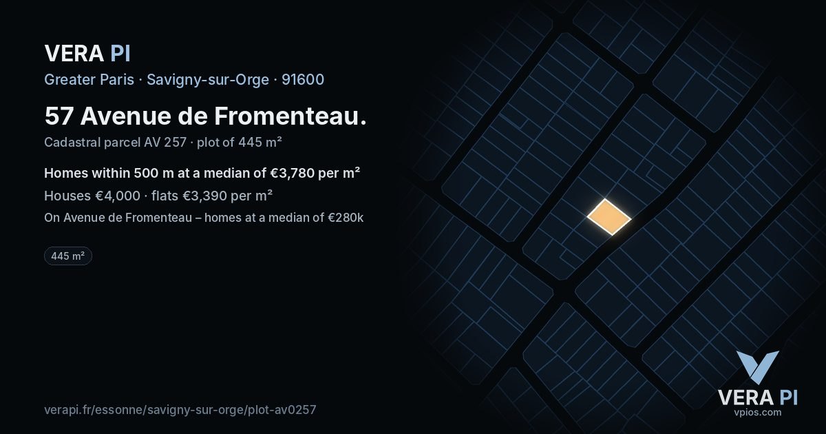 57 Avenue de Fromenteau, Savigny-sur-Orge at night – the plot lit, the parcels around coloured by the prices near them