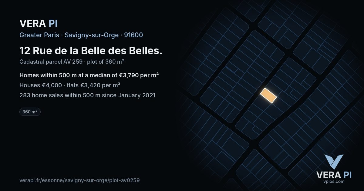 12 Rue de la Belle des Belles, Savigny-sur-Orge at night – the plot lit, the parcels around coloured by the prices near them