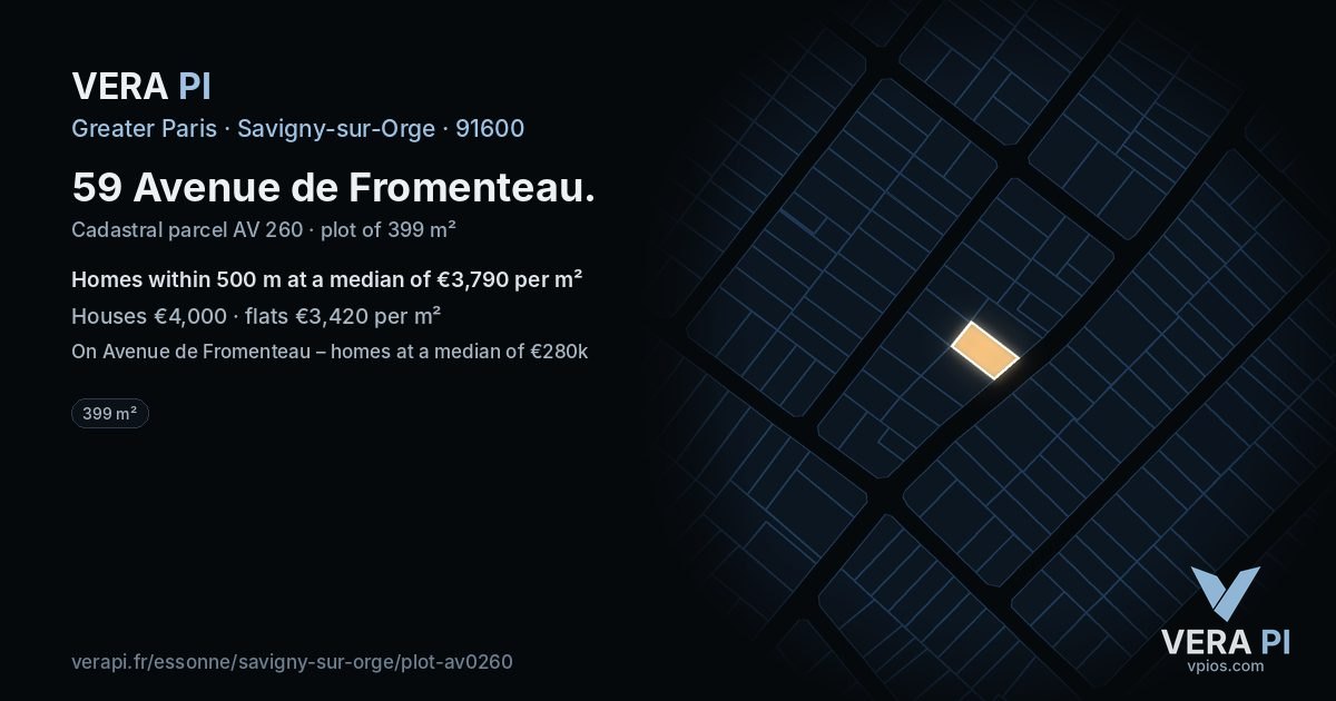 59 Avenue de Fromenteau, Savigny-sur-Orge at night – the plot lit, the parcels around coloured by the prices near them