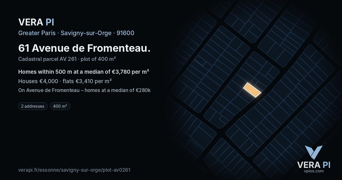 61 Avenue de Fromenteau, Savigny-sur-Orge at night – the plot lit, the parcels around coloured by the prices near them