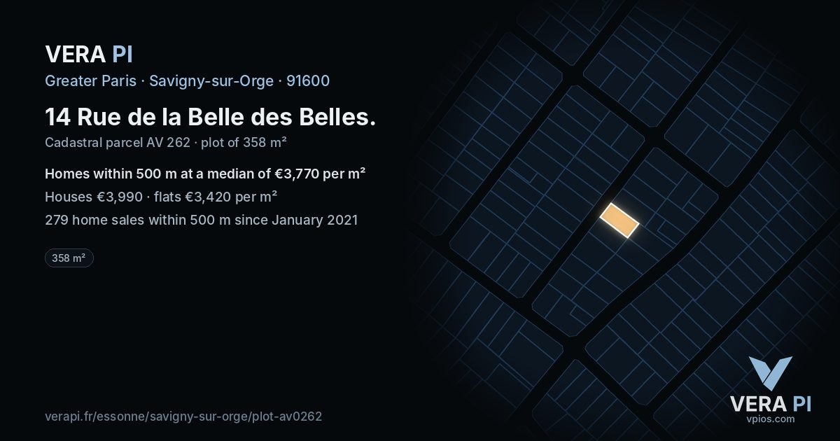 14 Rue de la Belle des Belles, Savigny-sur-Orge at night – the plot lit, the parcels around coloured by the prices near them