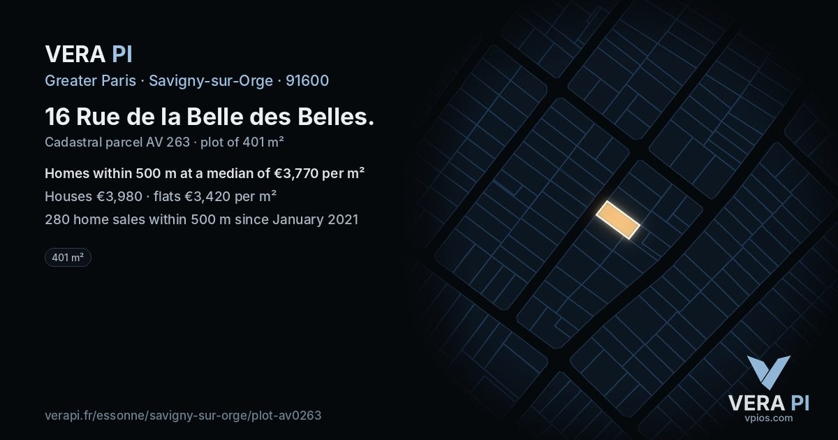 16 Rue de la Belle des Belles, Savigny-sur-Orge at night – the plot lit, the parcels around coloured by the prices near them