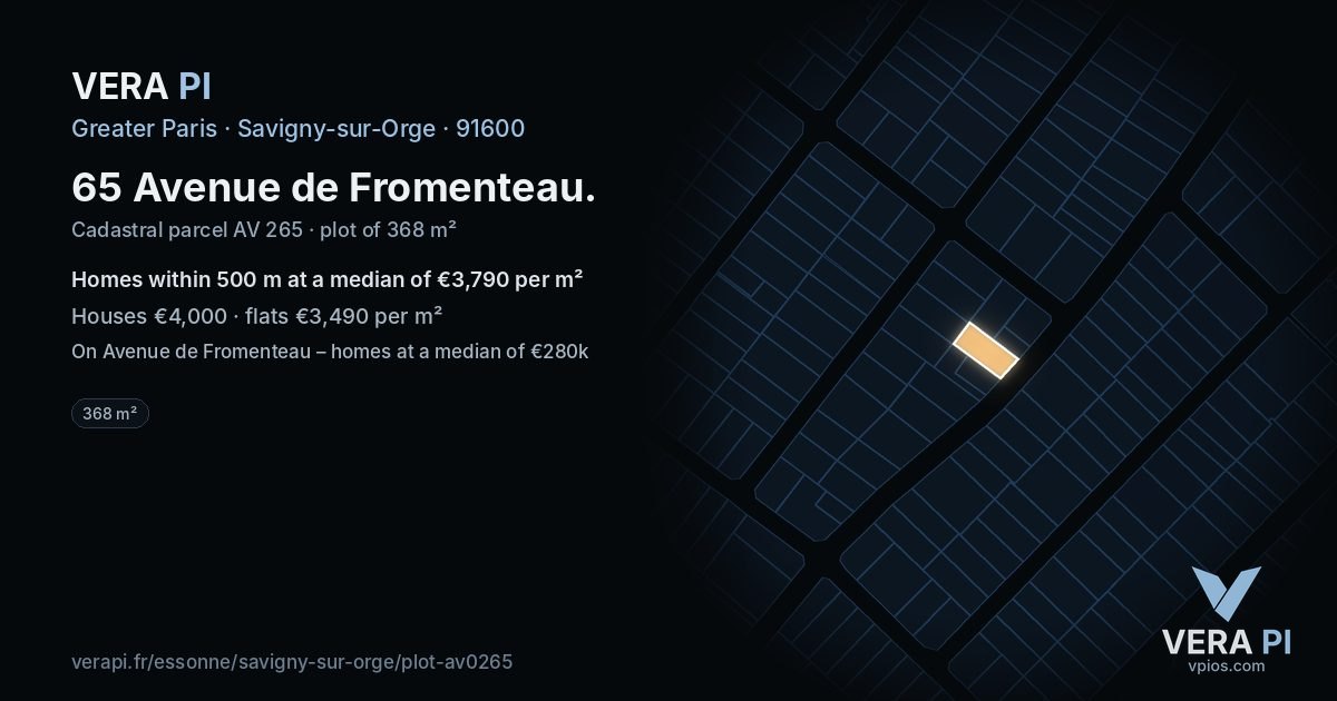 65 Avenue de Fromenteau, Savigny-sur-Orge at night – the plot lit, the parcels around coloured by the prices near them