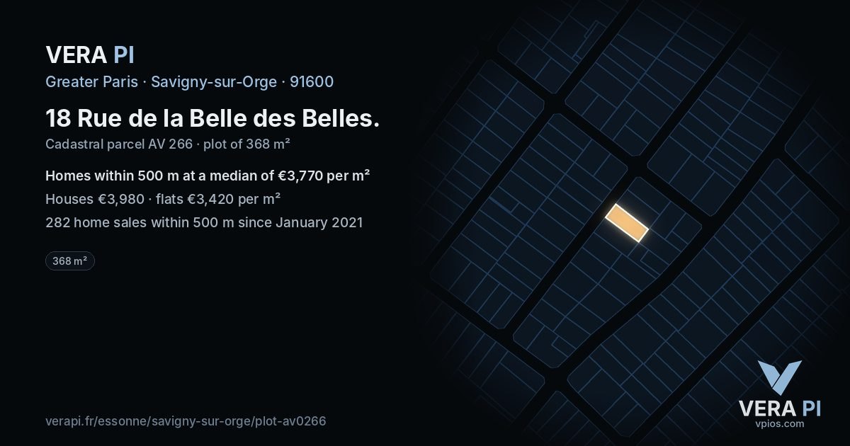 18 Rue de la Belle des Belles, Savigny-sur-Orge at night – the plot lit, the parcels around coloured by the prices near them