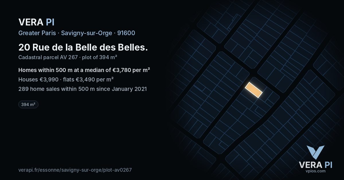 20 Rue de la Belle des Belles, Savigny-sur-Orge at night – the plot lit, the parcels around coloured by the prices near them