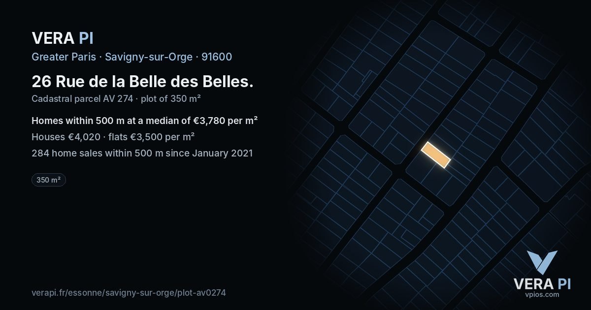 26 Rue de la Belle des Belles, Savigny-sur-Orge at night – the plot lit, the parcels around coloured by the prices near them
