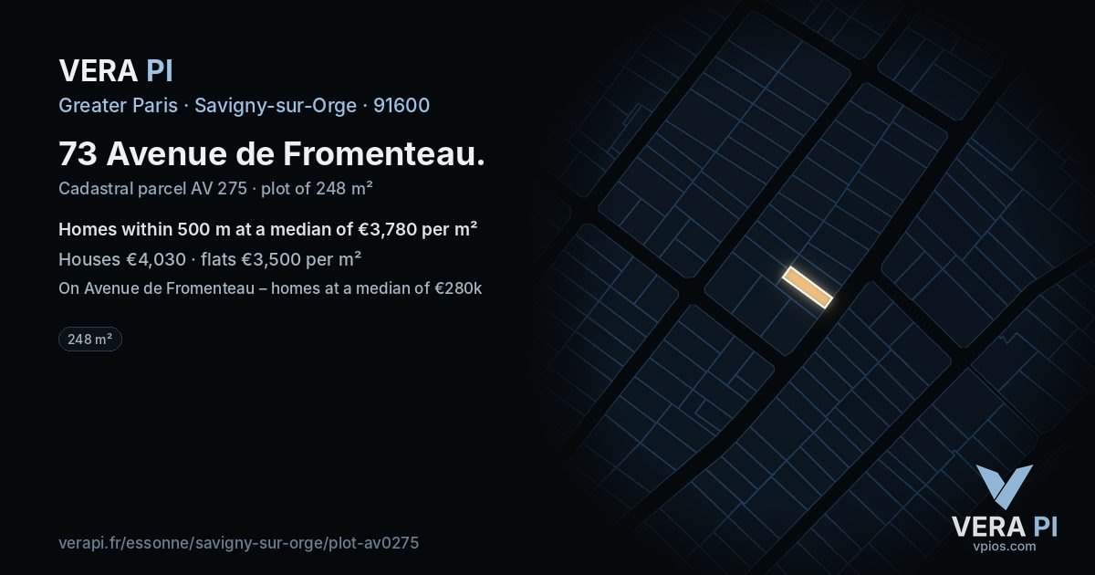 73 Avenue de Fromenteau, Savigny-sur-Orge at night – the plot lit, the parcels around coloured by the prices near them