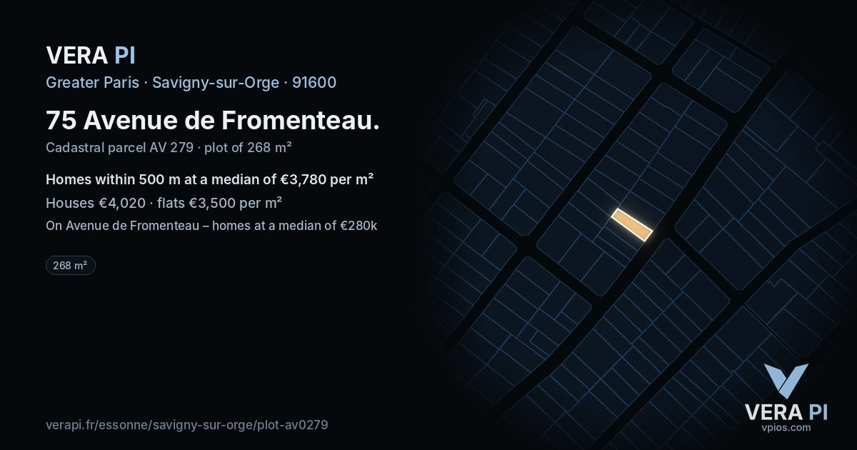 75 Avenue de Fromenteau, Savigny-sur-Orge at night – the plot lit, the parcels around coloured by the prices near them