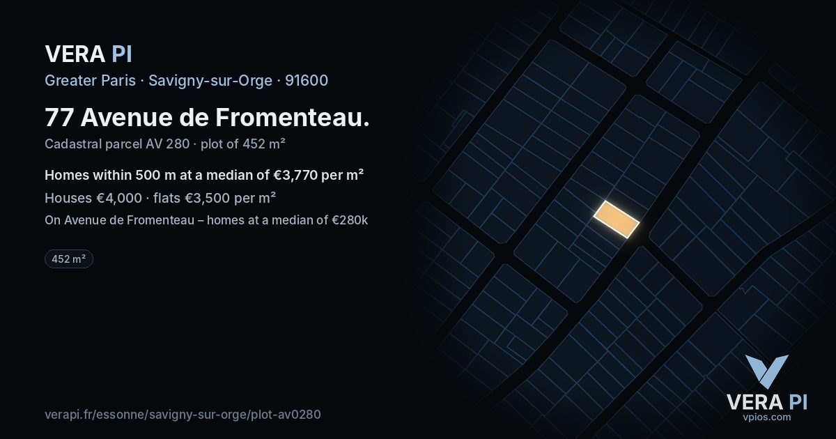 77 Avenue de Fromenteau, Savigny-sur-Orge at night – the plot lit, the parcels around coloured by the prices near them