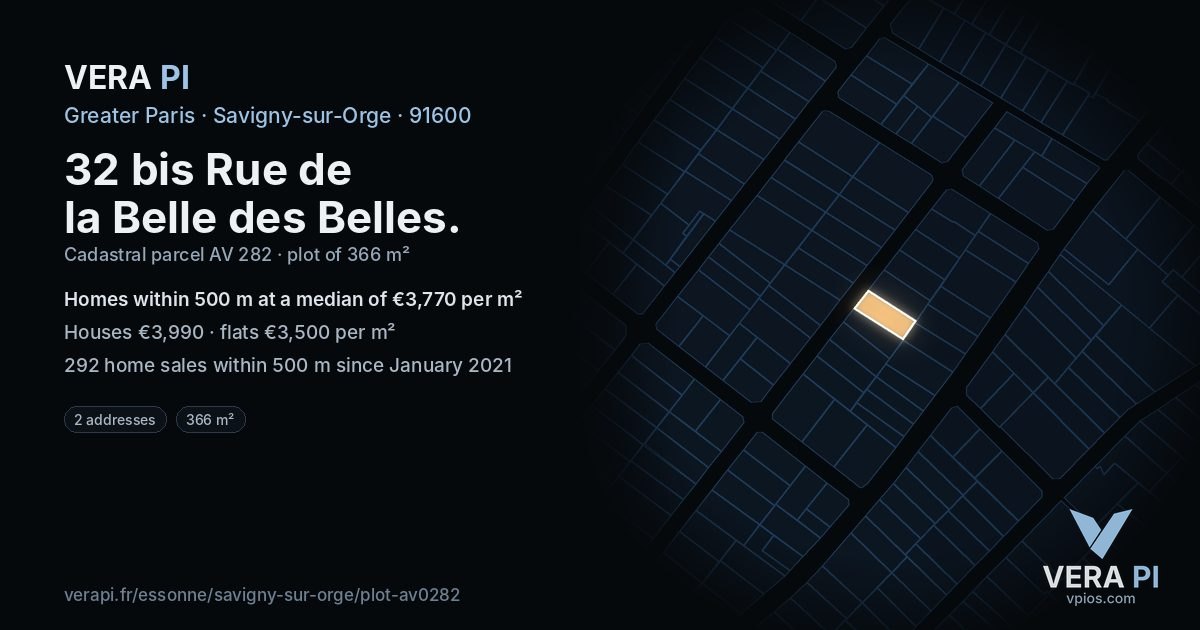 32 bis Rue de la Belle des Belles, Savigny-sur-Orge at night – the plot lit, the parcels around coloured by the prices near them