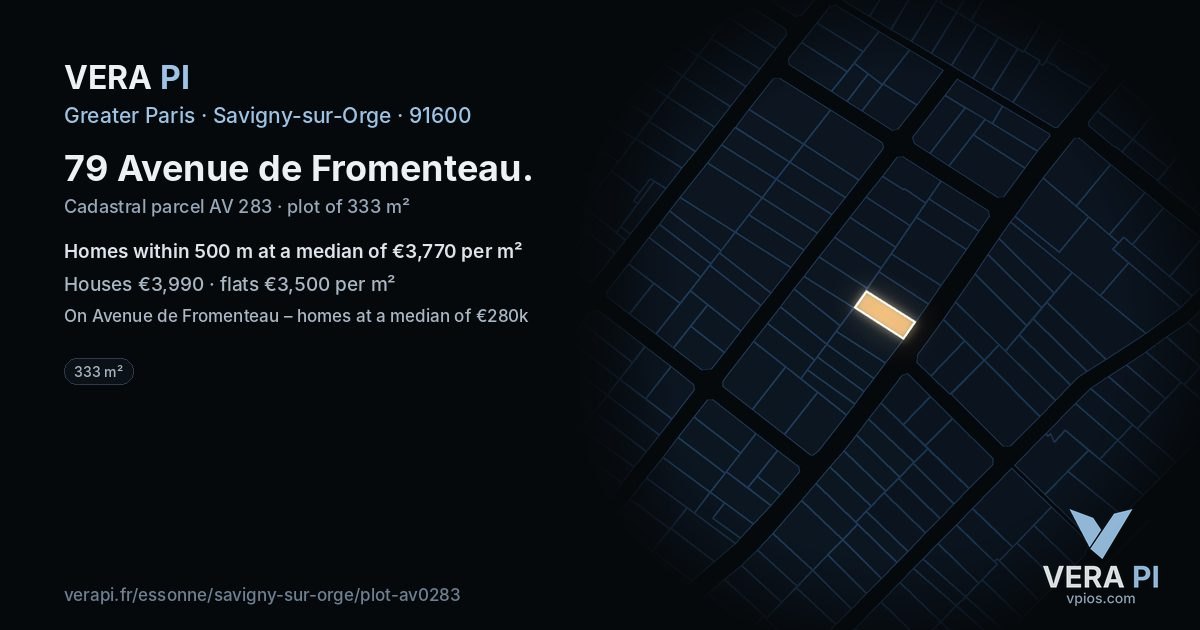 79 Avenue de Fromenteau, Savigny-sur-Orge at night – the plot lit, the parcels around coloured by the prices near them