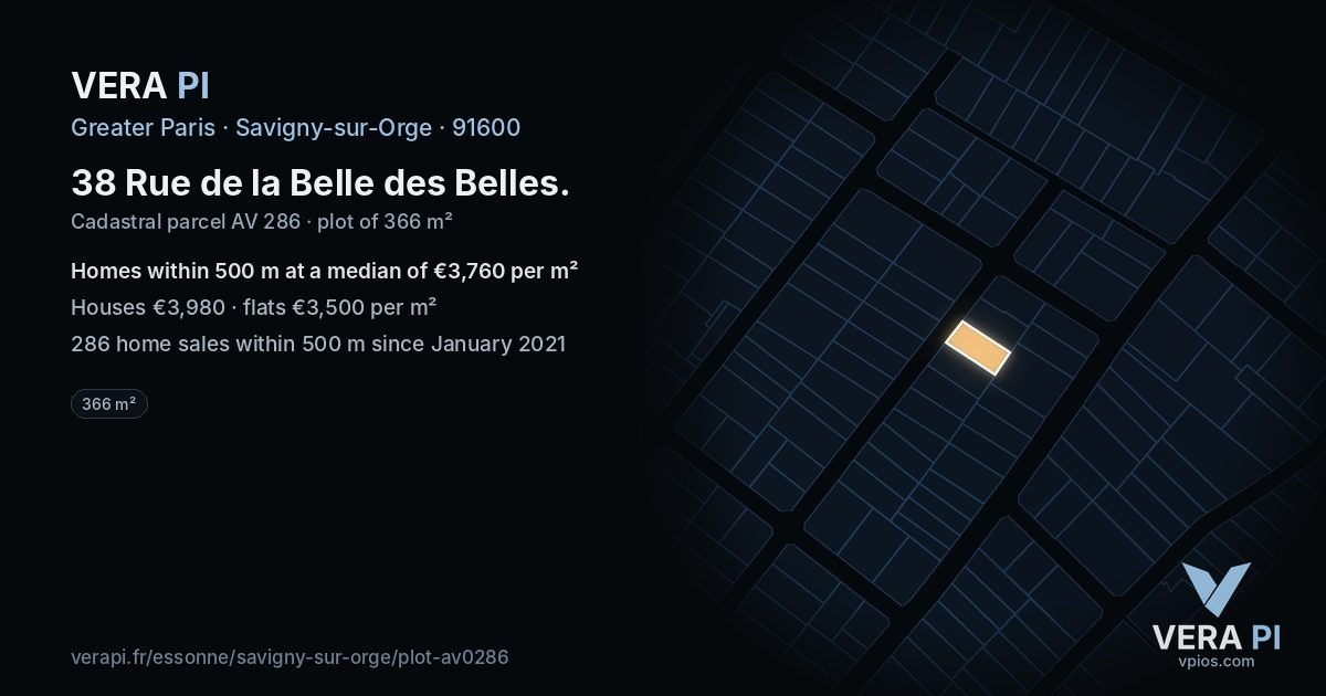 38 Rue de la Belle des Belles, Savigny-sur-Orge at night – the plot lit, the parcels around coloured by the prices near them