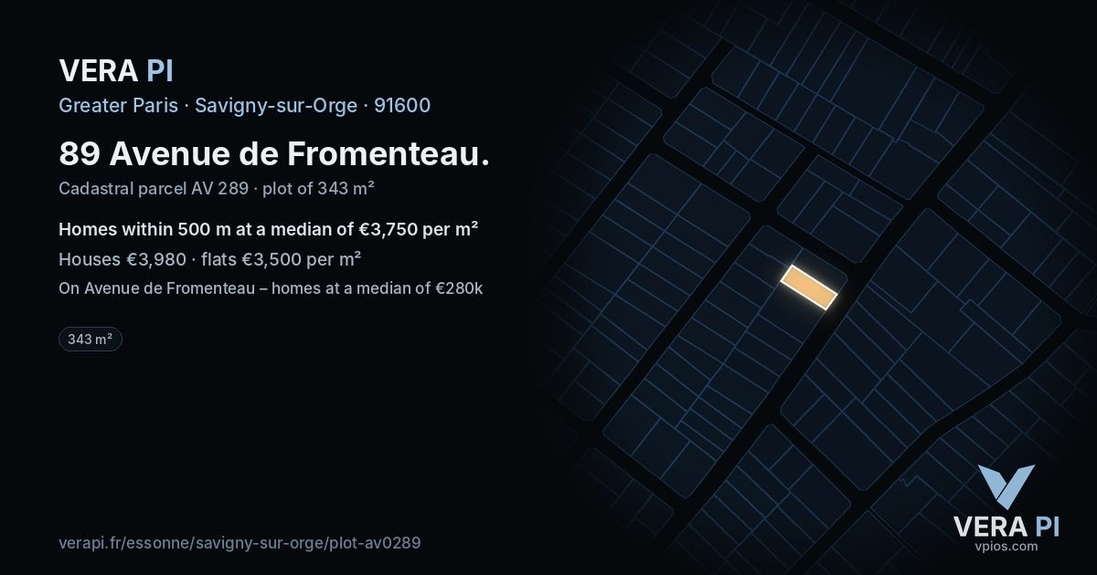 89 Avenue de Fromenteau, Savigny-sur-Orge at night – the plot lit, the parcels around coloured by the prices near them