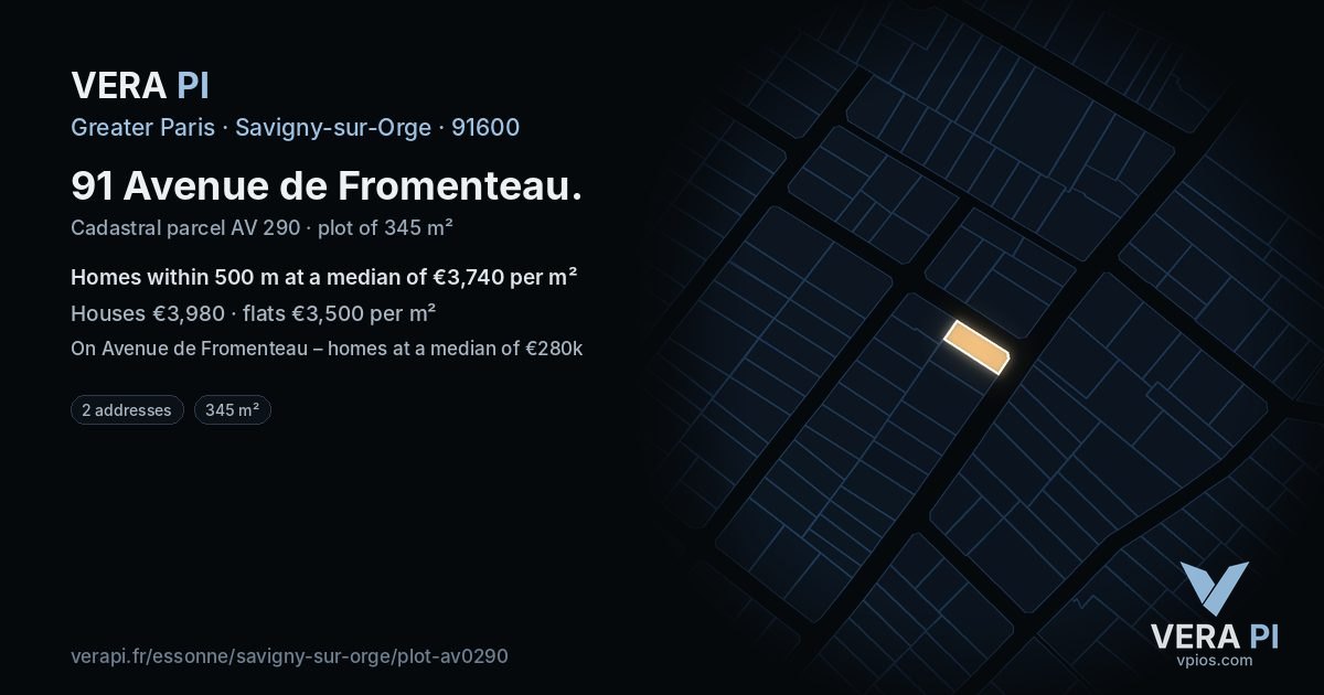 91 Avenue de Fromenteau, Savigny-sur-Orge at night – the plot lit, the parcels around coloured by the prices near them