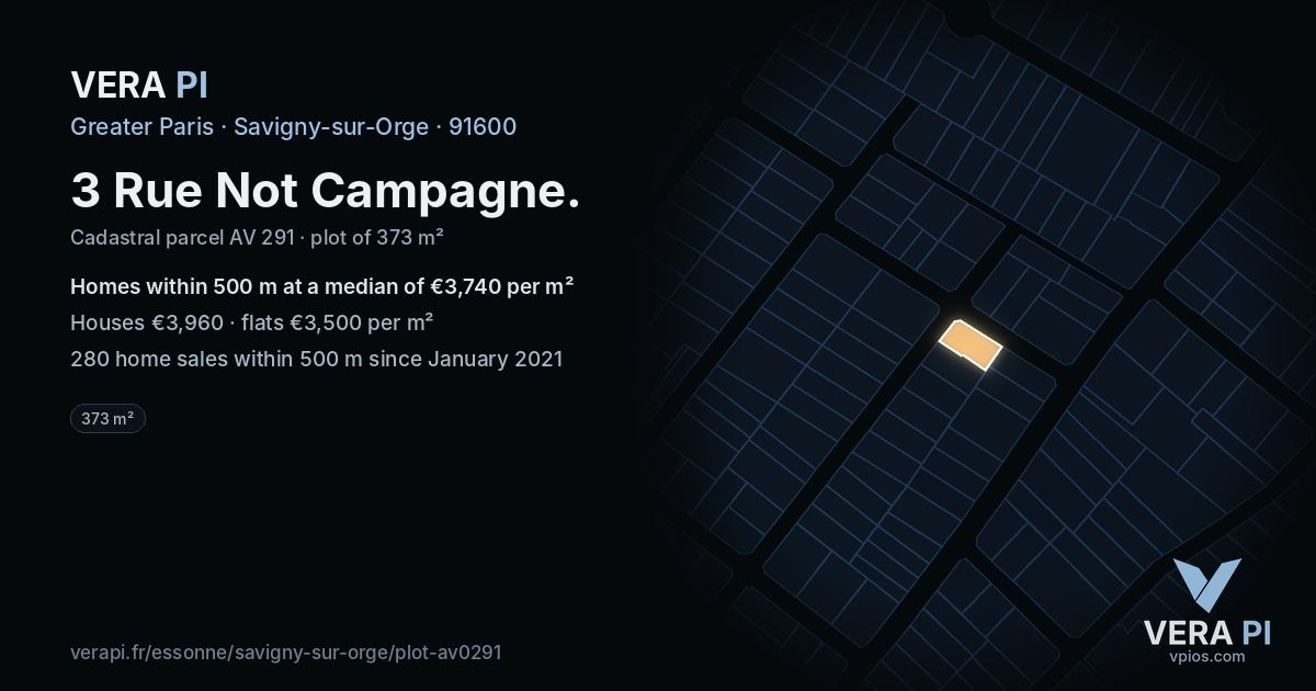 3 Rue Not Campagne, Savigny-sur-Orge at night – the plot lit, the parcels around coloured by the prices near them