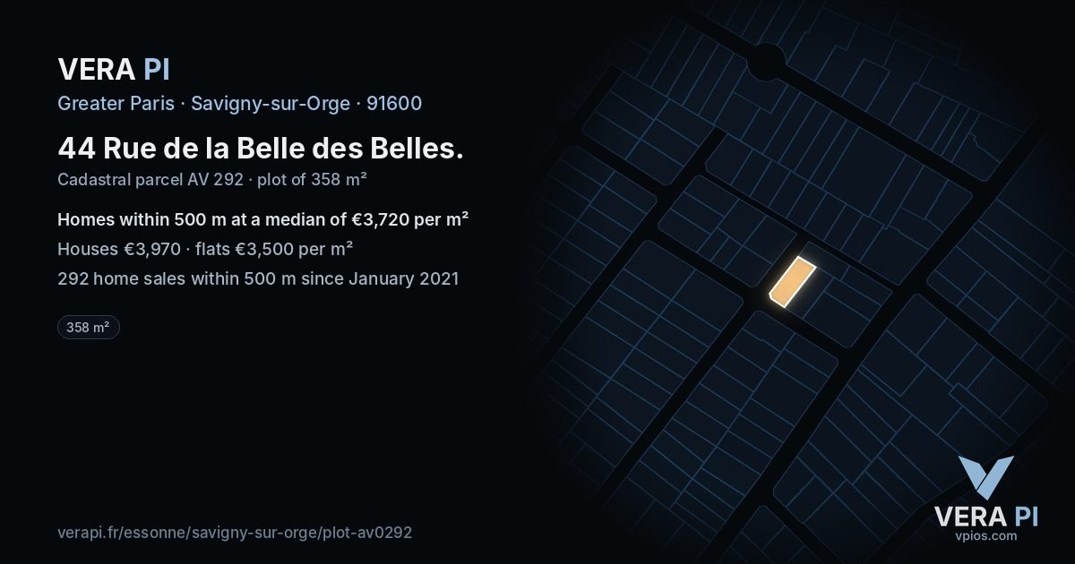 44 Rue de la Belle des Belles, Savigny-sur-Orge at night – the plot lit, the parcels around coloured by the prices near them