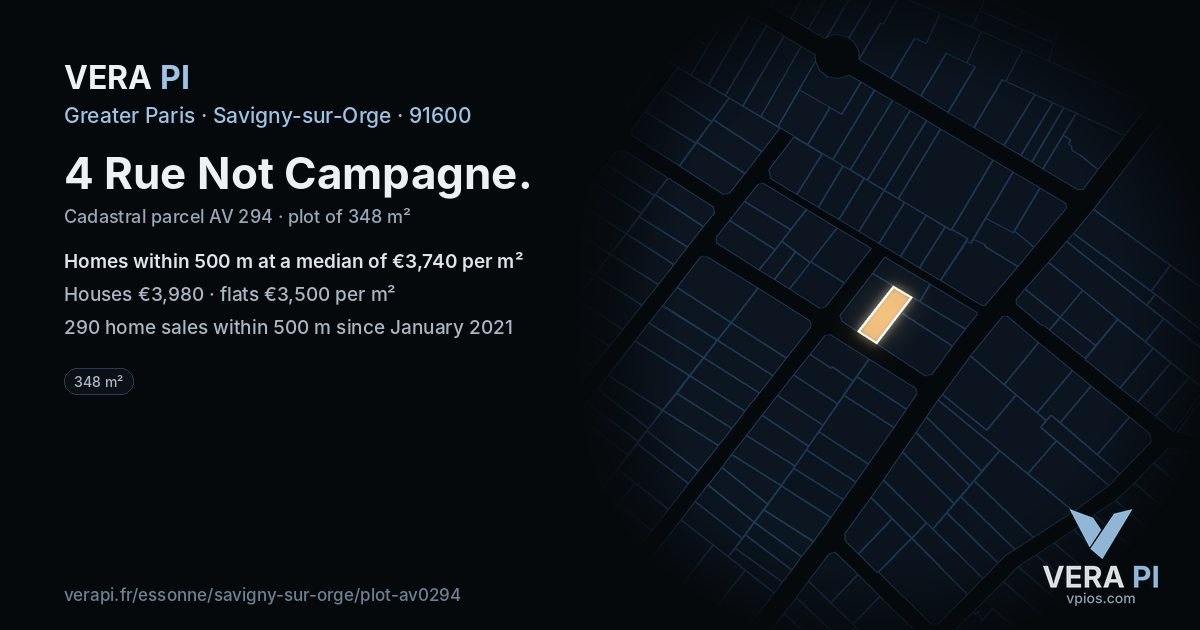4 Rue Not Campagne, Savigny-sur-Orge at night – the plot lit, the parcels around coloured by the prices near them