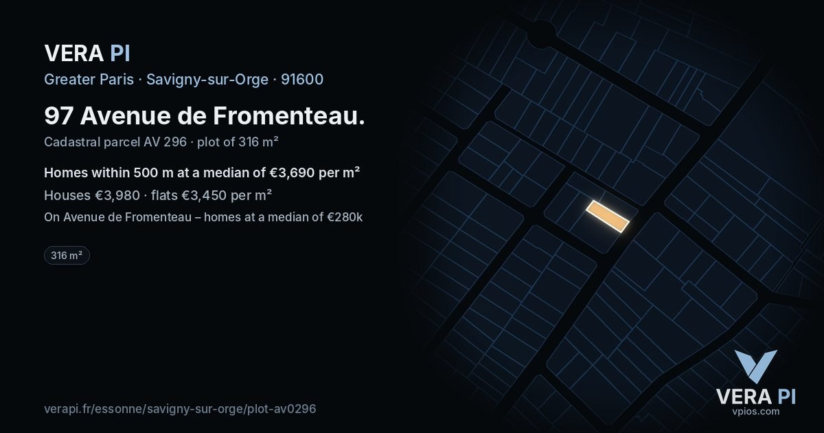 97 Avenue de Fromenteau, Savigny-sur-Orge at night – the plot lit, the parcels around coloured by the prices near them