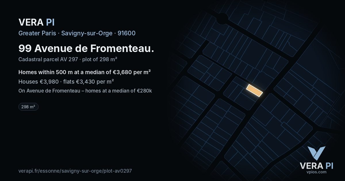 99 Avenue de Fromenteau, Savigny-sur-Orge at night – the plot lit, the parcels around coloured by the prices near them