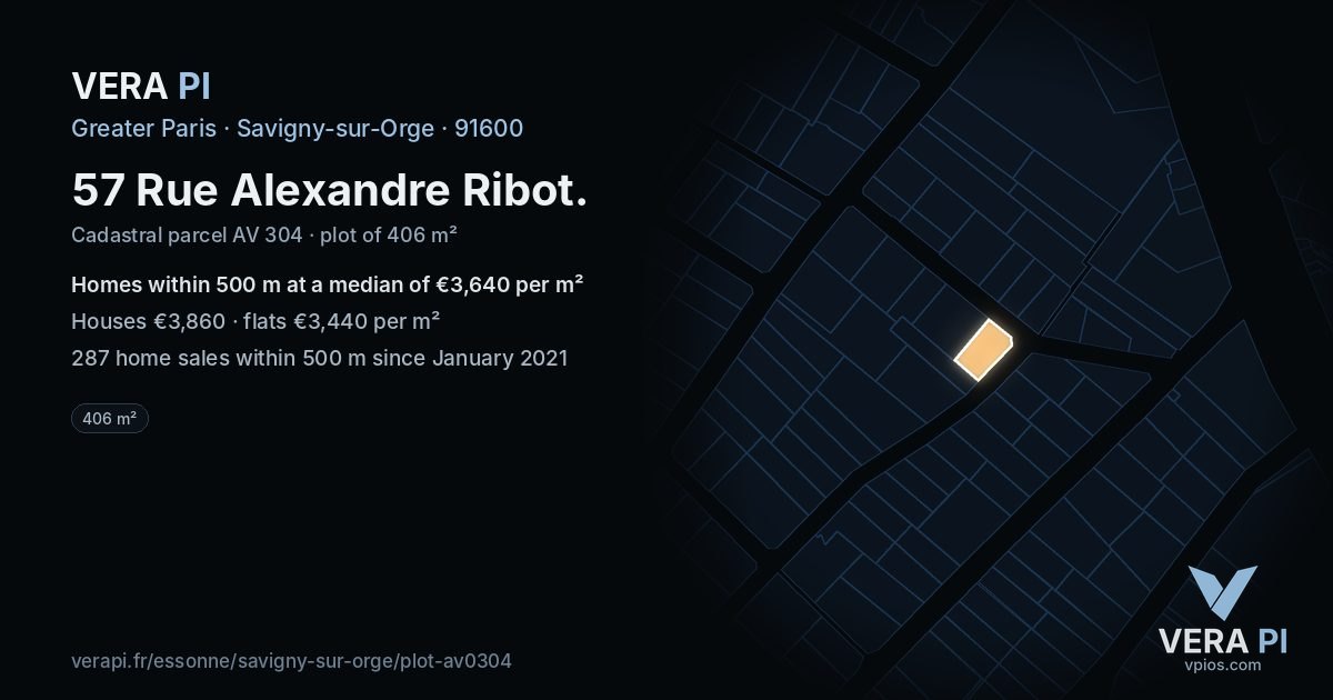 57 Rue Alexandre Ribot, Savigny-sur-Orge at night – the plot lit, the parcels around coloured by the prices near them