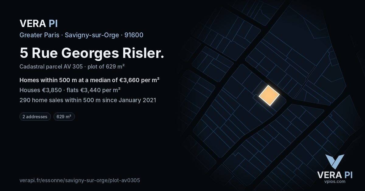 5 Rue Georges Risler, Savigny-sur-Orge at night – the plot lit, the parcels around coloured by the prices near them