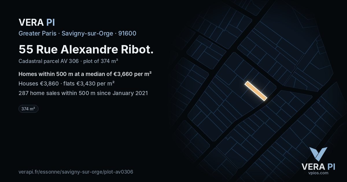 55 Rue Alexandre Ribot, Savigny-sur-Orge at night – the plot lit, the parcels around coloured by the prices near them