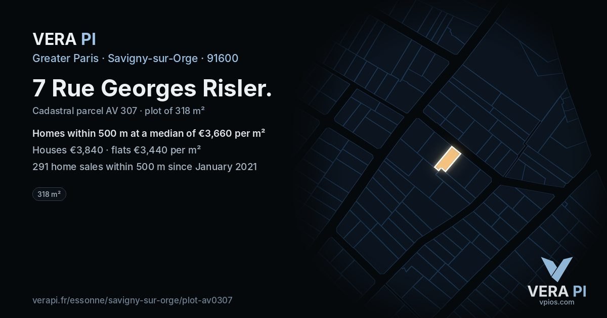 7 Rue Georges Risler, Savigny-sur-Orge at night – the plot lit, the parcels around coloured by the prices near them