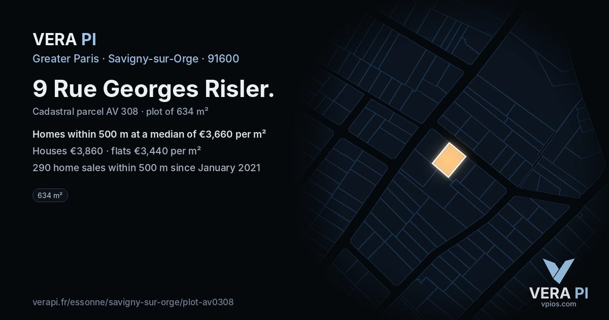 9 Rue Georges Risler, Savigny-sur-Orge at night – the plot lit, the parcels around coloured by the prices near them