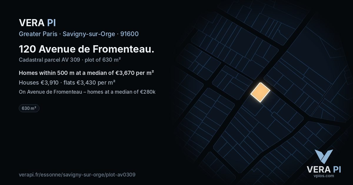 120 Avenue de Fromenteau, Savigny-sur-Orge at night – the plot lit, the parcels around coloured by the prices near them