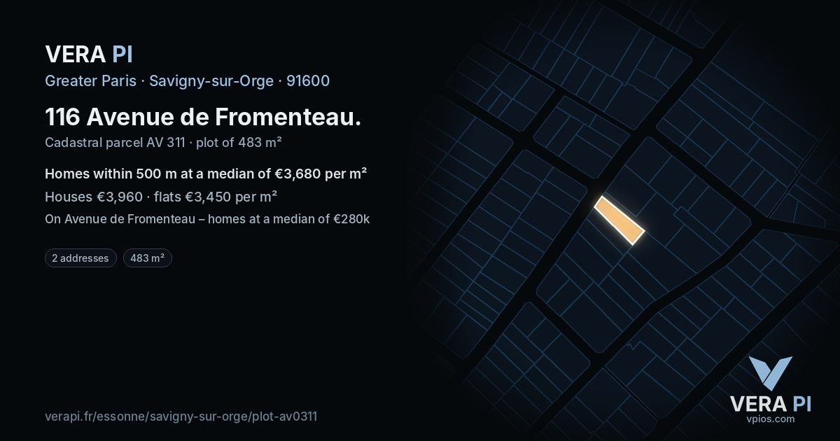 116 Avenue de Fromenteau, Savigny-sur-Orge at night – the plot lit, the parcels around coloured by the prices near them