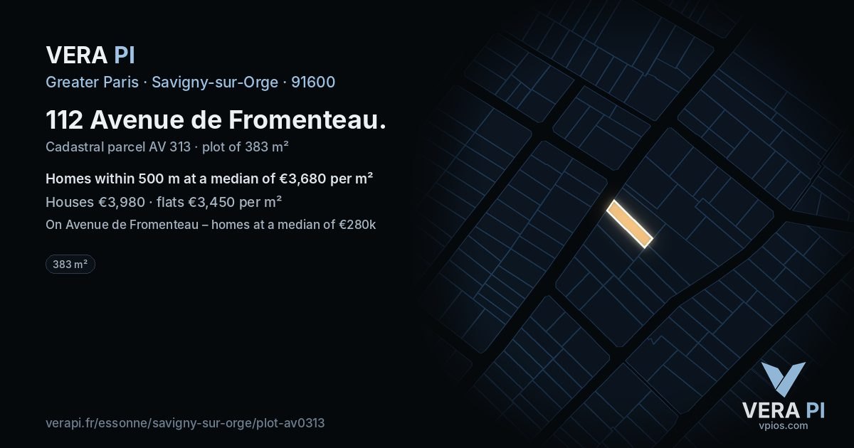 112 Avenue de Fromenteau, Savigny-sur-Orge at night – the plot lit, the parcels around coloured by the prices near them