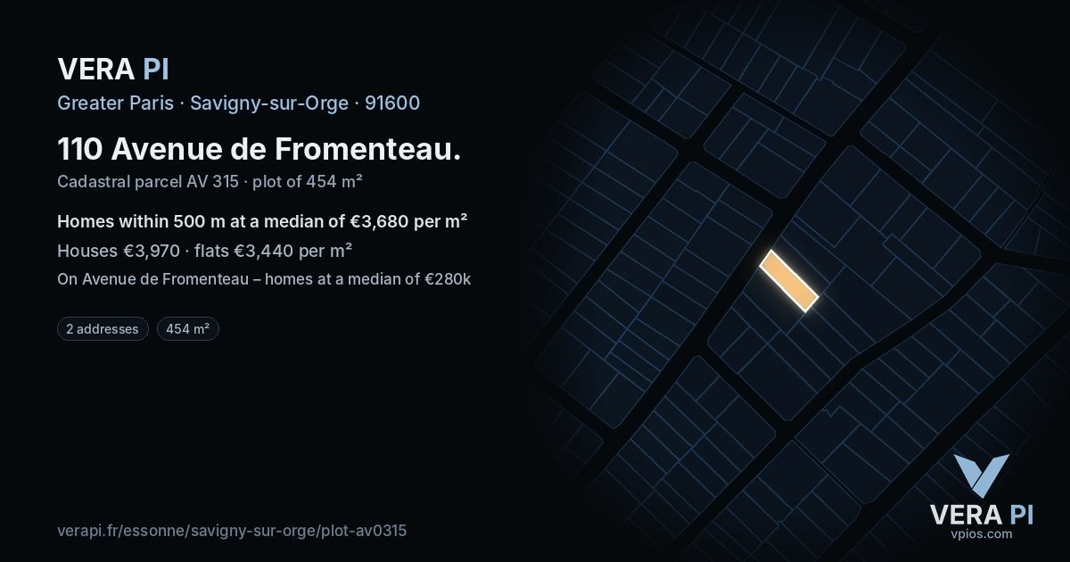 110 Avenue de Fromenteau, Savigny-sur-Orge at night – the plot lit, the parcels around coloured by the prices near them