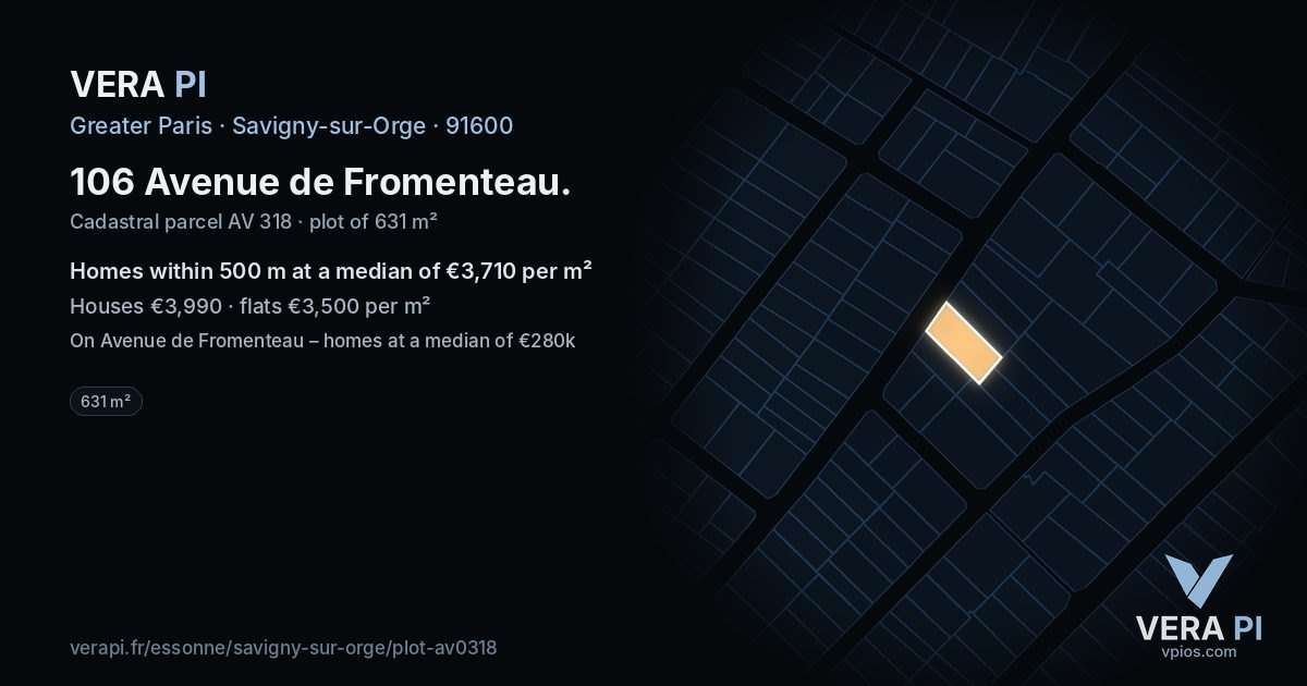 106 Avenue de Fromenteau, Savigny-sur-Orge at night – the plot lit, the parcels around coloured by the prices near them