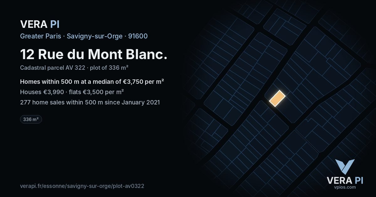 12 Rue du Mont Blanc, Savigny-sur-Orge at night – the plot lit, the parcels around coloured by the prices near them