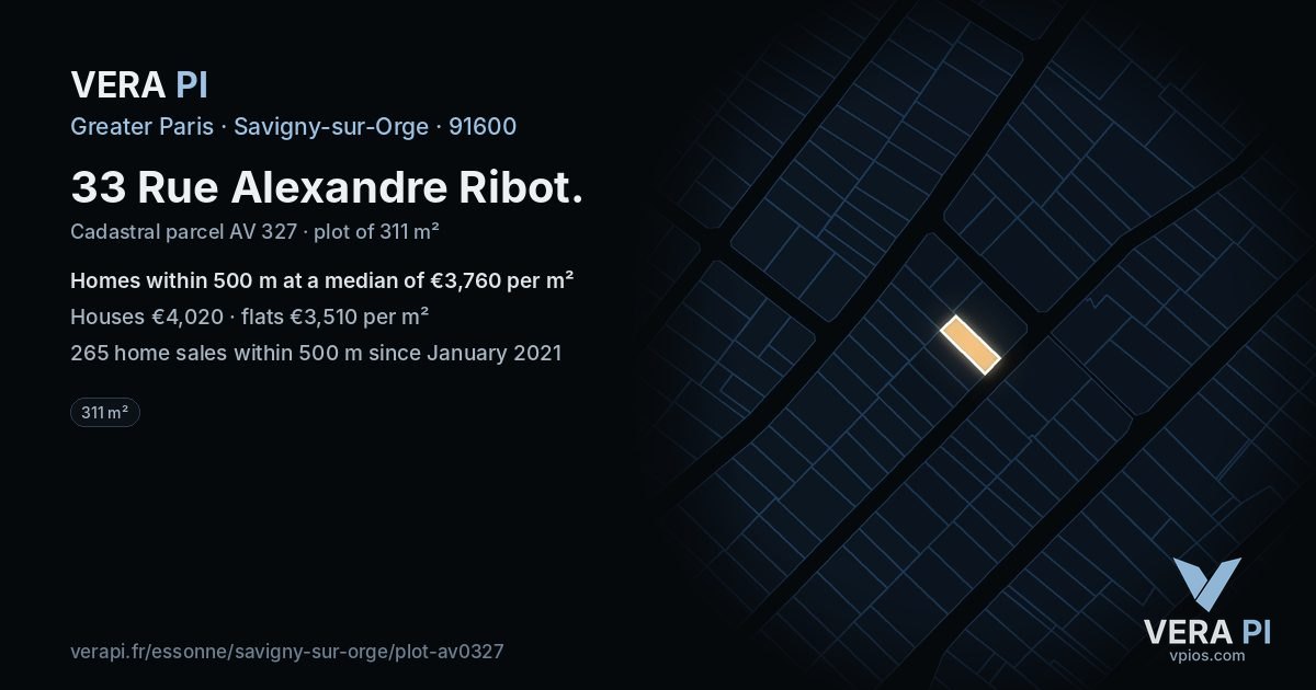 33 Rue Alexandre Ribot, Savigny-sur-Orge at night – the plot lit, the parcels around coloured by the prices near them