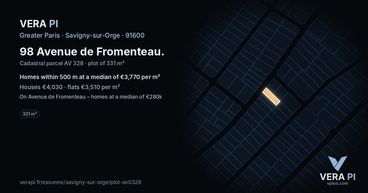 98 Avenue de Fromenteau, Savigny-sur-Orge at night – the plot lit, the parcels around coloured by the prices near them