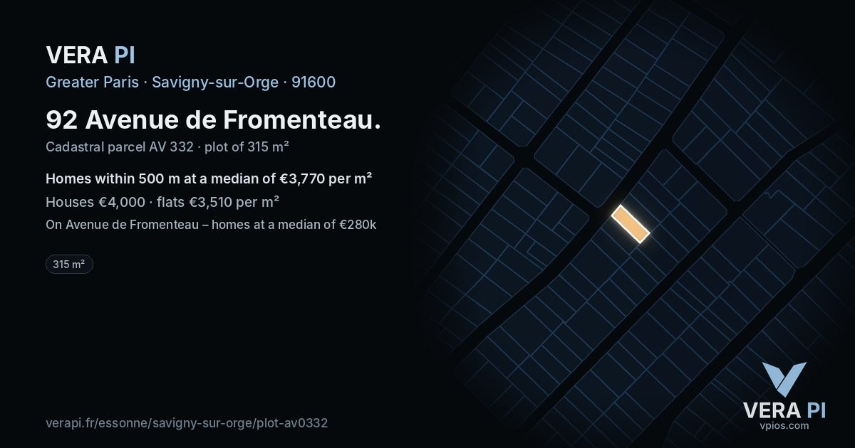 92 Avenue de Fromenteau, Savigny-sur-Orge at night – the plot lit, the parcels around coloured by the prices near them
