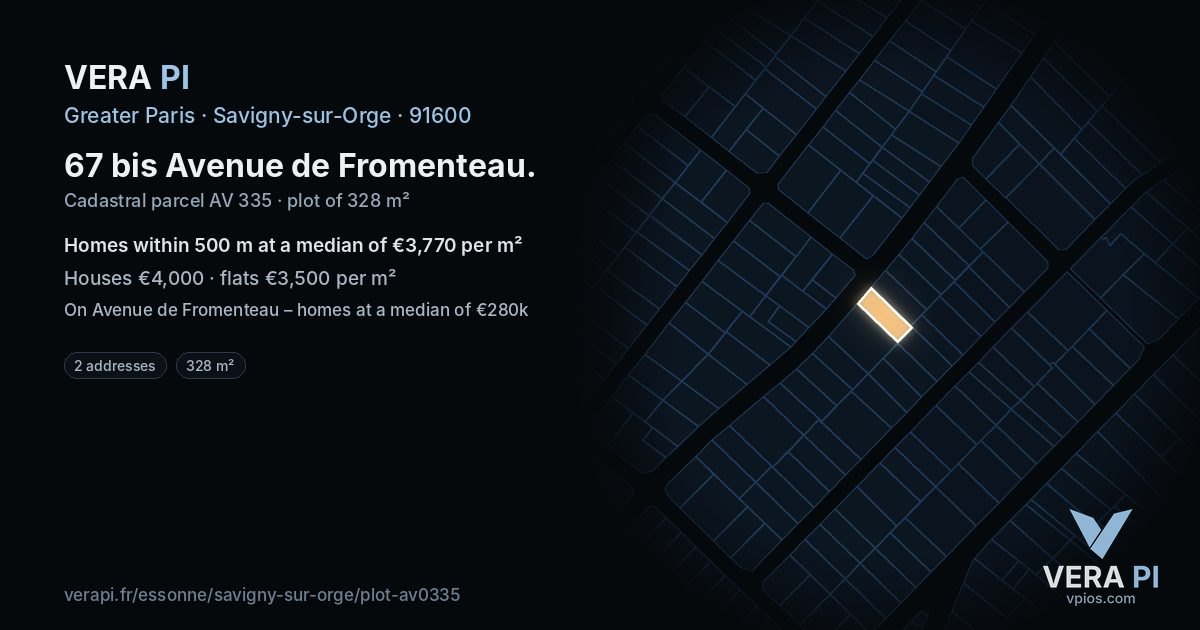 67 bis Avenue de Fromenteau, Savigny-sur-Orge at night – the plot lit, the parcels around coloured by the prices near them