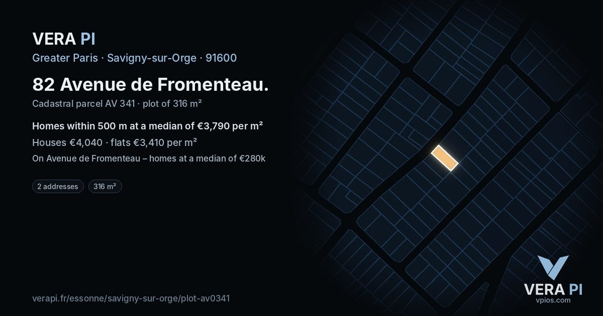 82 Avenue de Fromenteau, Savigny-sur-Orge at night – the plot lit, the parcels around coloured by the prices near them
