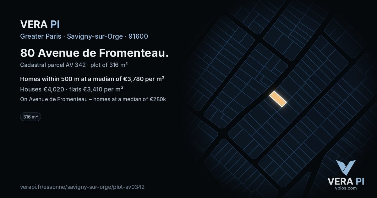 80 Avenue de Fromenteau, Savigny-sur-Orge at night – the plot lit, the parcels around coloured by the prices near them