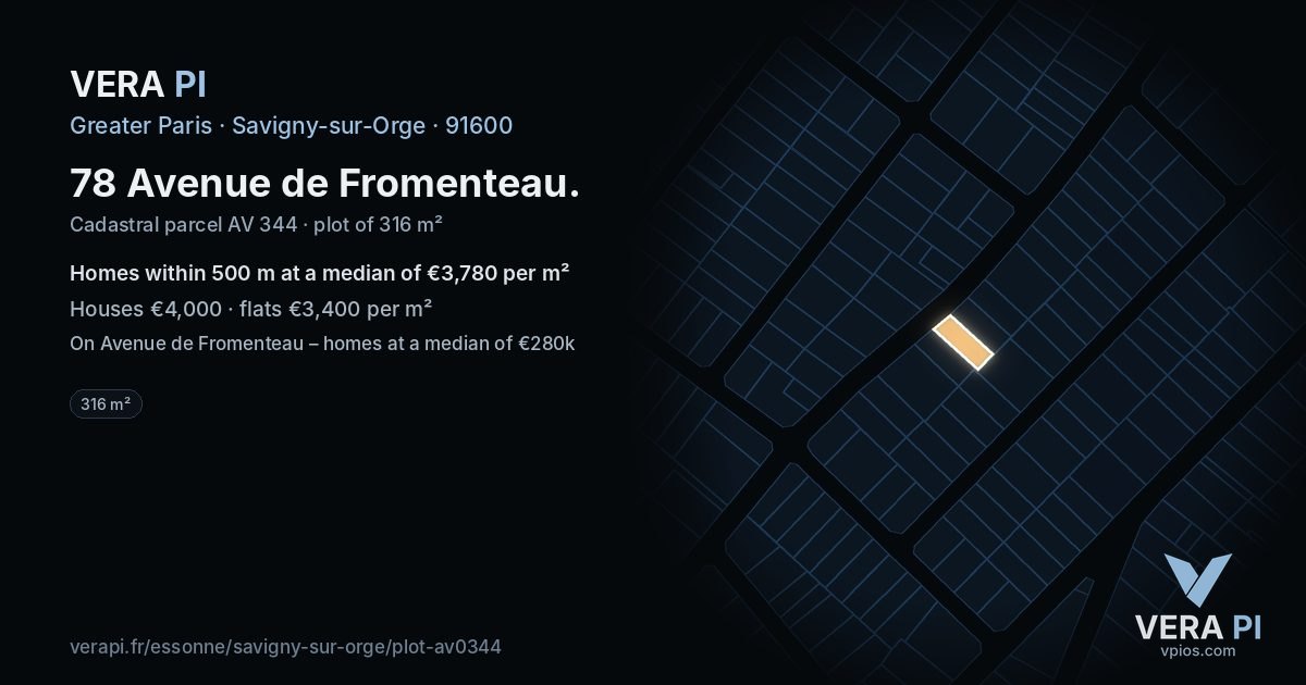 78 Avenue de Fromenteau, Savigny-sur-Orge at night – the plot lit, the parcels around coloured by the prices near them