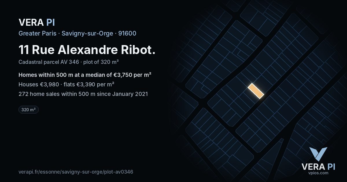 11 Rue Alexandre Ribot, Savigny-sur-Orge at night – the plot lit, the parcels around coloured by the prices near them