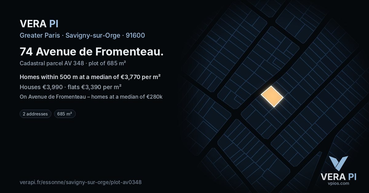 74 Avenue de Fromenteau, Savigny-sur-Orge at night – the plot lit, the parcels around coloured by the prices near them