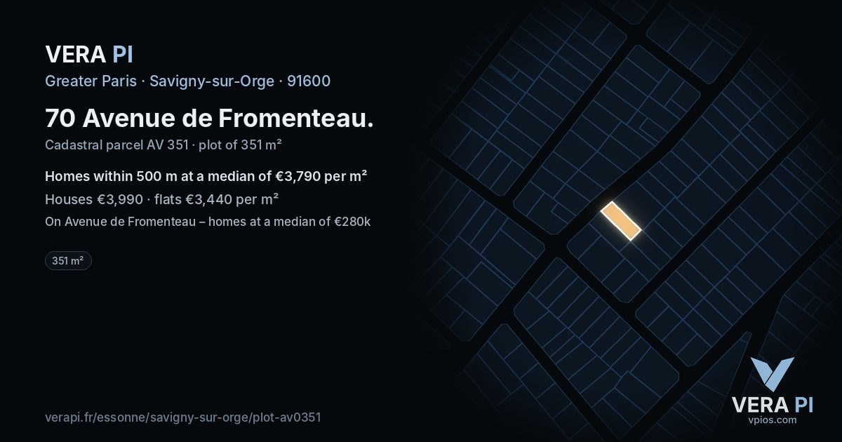 70 Avenue de Fromenteau, Savigny-sur-Orge at night – the plot lit, the parcels around coloured by the prices near them