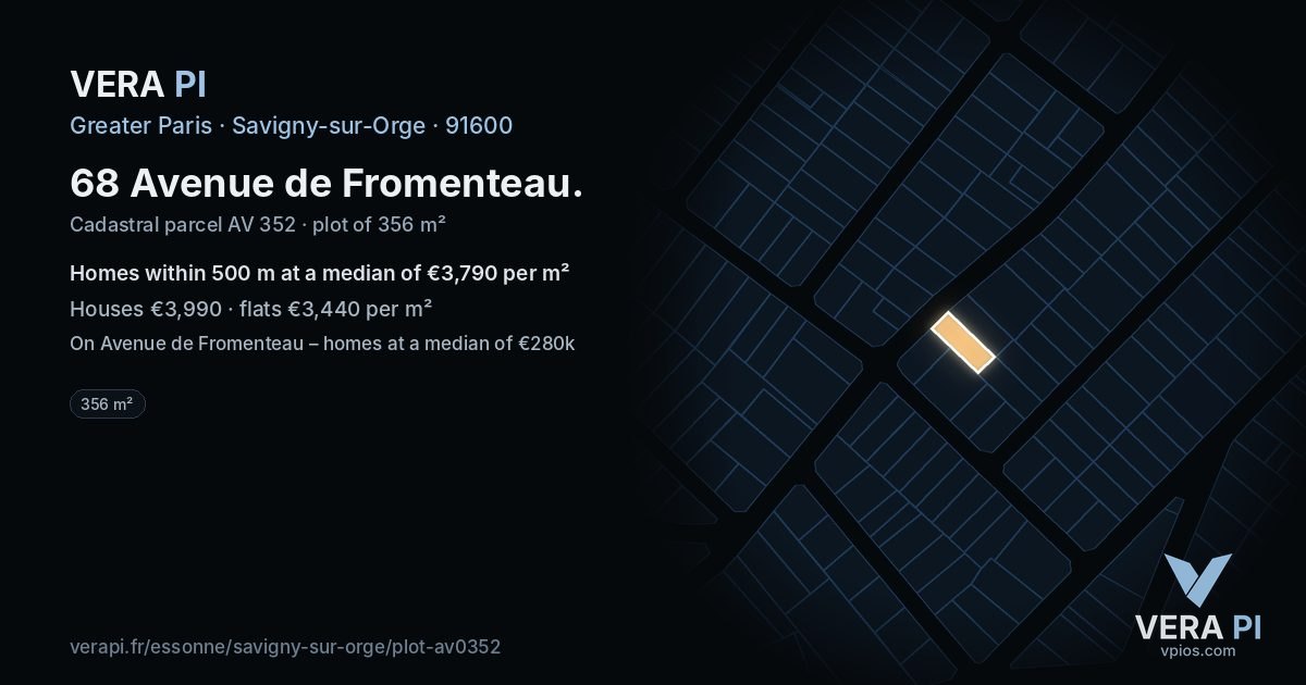 68 Avenue de Fromenteau, Savigny-sur-Orge at night – the plot lit, the parcels around coloured by the prices near them