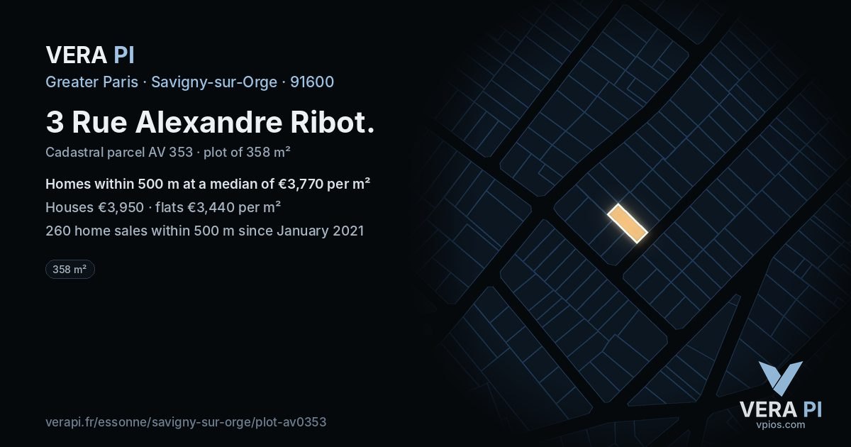 3 Rue Alexandre Ribot, Savigny-sur-Orge at night – the plot lit, the parcels around coloured by the prices near them