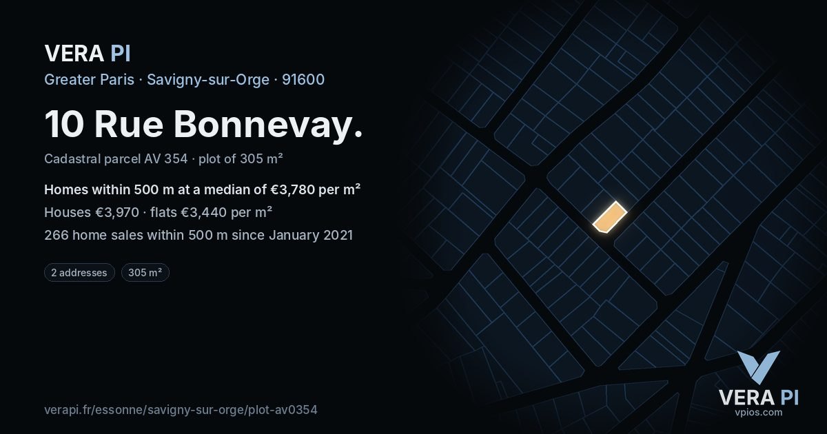10 Rue Bonnevay, Savigny-sur-Orge at night – the plot lit, the parcels around coloured by the prices near them
