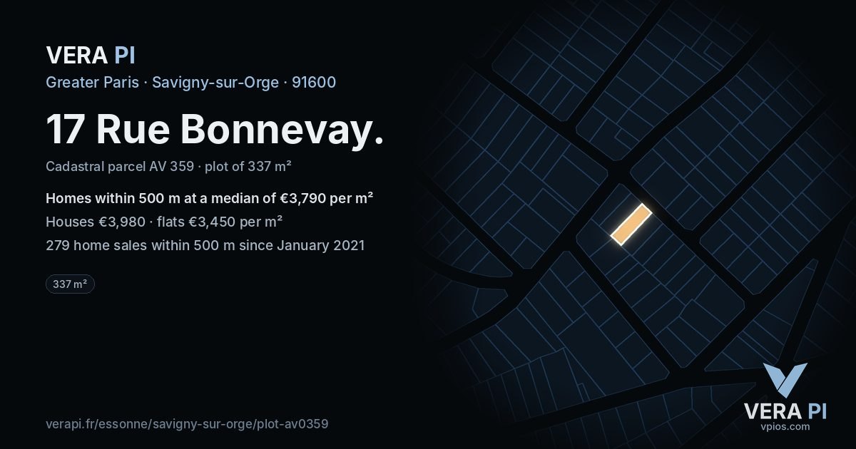 17 Rue Bonnevay, Savigny-sur-Orge at night – the plot lit, the parcels around coloured by the prices near them